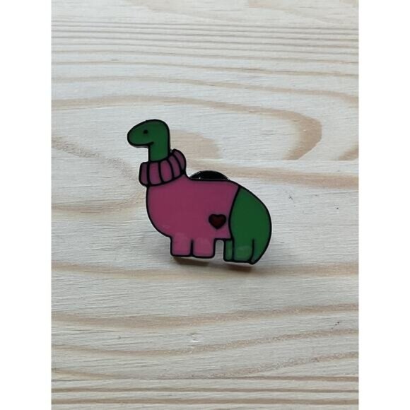 Dinosaur Enamel Pin In Pink & Green With Heart Accent - Picture 1 of 3